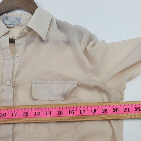 Vintage Solemio Womens Button Up Roll Tab Sleeve Blouse Top Sz L Cream Career - Picture 13 of 16